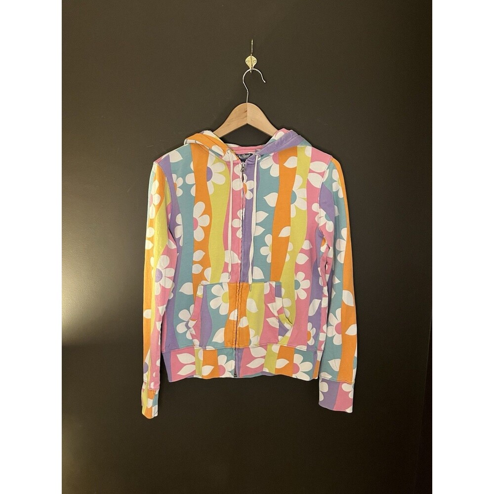 Vintage Y2K Lucky Brand Hoodie Womens M Daisy Floral Rainbow Stripe Full Zip